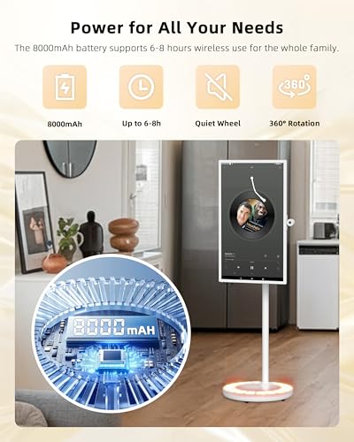 Image of 32 inch Portable TV on Wheels, 1080p Smart Touchscreen Display, Rolling Monitor with Magnetic Wide-Angle Camera, Android 13,Built-in 6-8h Battery, 10W Stereo Speakers,Remote Control, 6+128GB Storage,White