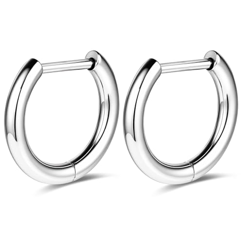 BodyAce F136 Titanium Hoop Earrings 18G Small Huggie Hoop Earrings Hinged Sleeper Cartilage Piercing Tragus Jewelry Silver Black Gold Piercing Rings for Ear Nose Septum [D-Shaped;Silver;8mm]