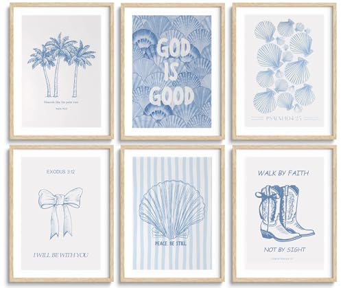 6 Pcs Coastal Christian Wall Art Blue Seashell Scripture Quote