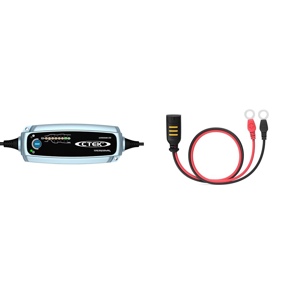 CTEK Lithium XS Multi-Funktions Batterieladegerät Mit 8-Stufen Ladeprogramm, 12V 5 Amp & Comfort Connect Direct Connect Adapter (M8 Muttern), Ideal Für Schwer Erreichbare Batterien, 40cm Kabellänge