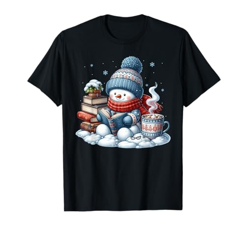 Snowman Reading Books Lovers Librarian Bookworm Christmas T-Shirt