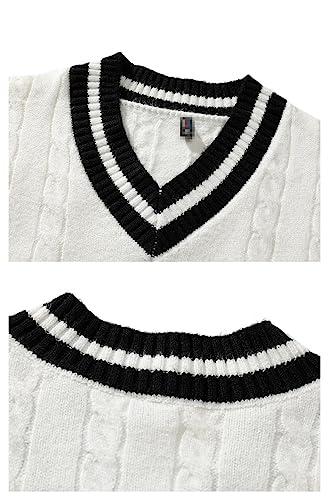 Men's Winter Knitted Sweater Oversized Black Pullover V Neck Vintage Striped Knitwear 5