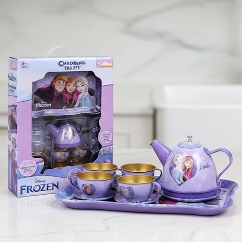 Image of Disney Frozen Elsa & Anna 14-Piece Tin Plate Tea Set for Girls - Fun Pretend Play Tea Party Toy - Durable, Lightweight & Safe Role Play Kit for Kids, Learning Toy -Birthday Gift For Ages 3+