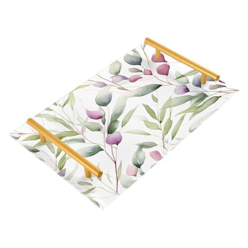 Wassud Bathroom Vanity Tray with Handles Light Green Leaves Acrylic Jewelry Perfume Organizer for Bathroom Kitchen Counter 11.81
