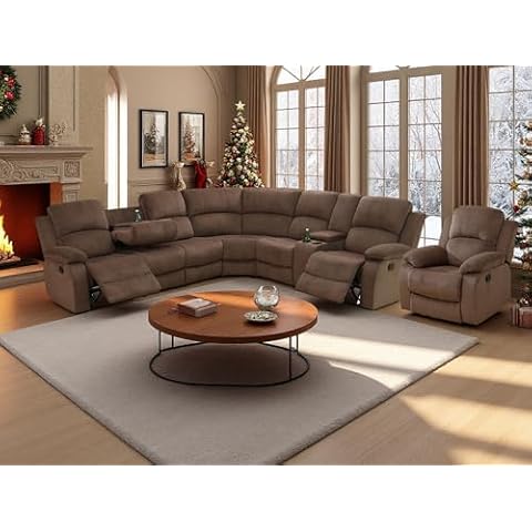 Dekmxas Recliner Sectional Sofa Set, Living Room Furniture Sets, Brown Corduroy Reclining Sectional Corner Sofa and Chair with Drop-Down Table, Cup Holder and Storage Console for Bedroom, Office Cover