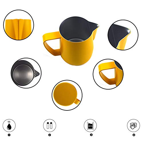 MIGHTYDUTY Stainless Steel Frothing Pitcher 12/20 oz, Milk Frothing Pitcher Jug 350 / 600ml, Espresso Steaming Pitchers for Espresso, Latte Art and Frothing Yellow 20oz - Thumbnail 5