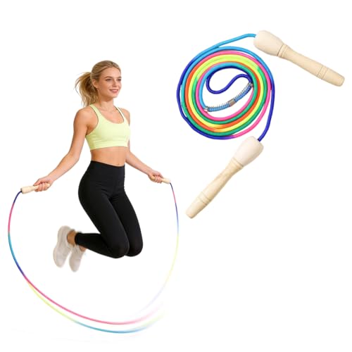 CATZUM Corda per saltare regolabile per fitness, corda per saltare bambini e bambina, corda giochi con manici in legno, per bambini e bambine dai 4 ai 10 anni (250 cm) (Arcobaleno)