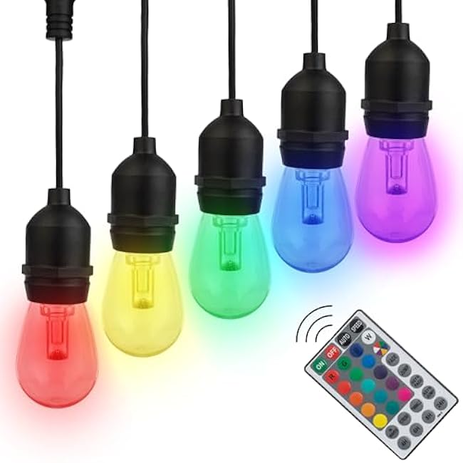 Pure Garden Outdoor String Lights - 50FT Color-Changing Patio Lights with Remote and Vintage-Style LED Edison Bulbs for Porch, Backyard, and Events