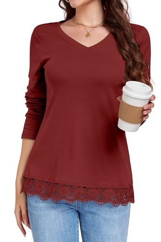 DUOEASE Tunika Langarm Elegant V-Ausschnitt Langarmshirt Damen Casual T Shirt Herbst Winter Pullover(Kirschrot,L)