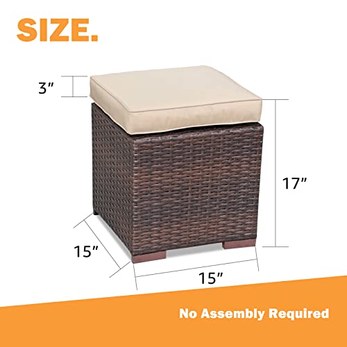 Patiorama 2 Pieces Assembled Outdoor Patio Ottoman, Indoor Outdoor All-Weather Dark Brown Wicker Rattan Outdoor Footstool Footrest Seat With Beige Cushions thumb #2