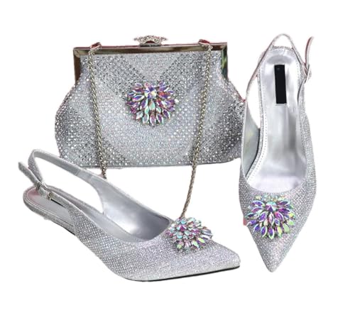 Ensemble chaussures et sac argentés à strass pour mariage et soirées chic