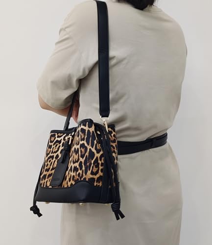 Small Leopard Print Bucket Bags for Women Drawstring Crossbody Bag PU Leather Shoulder Bucket Tote Bag Purse3