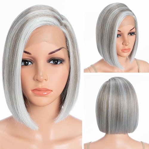 DÉBUT Lace Front Bob Wigs Ombre Highlight Light Gray with