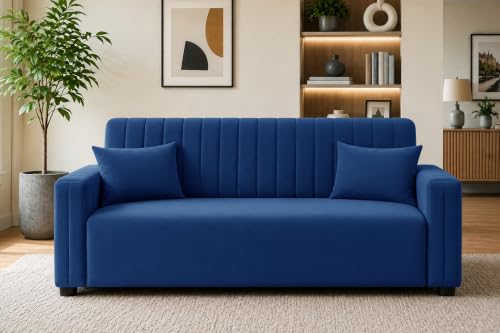 Image of Modern 3 Seater Sofa | Vertical Channel Tufted Backrest & Armrests | Plush Cushioned Seating | Contemporary Upholstered Couch for Living Room, Bedroom & Office - Blue Color