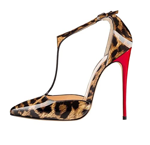 SAMMITOP Women's Pointed Toe Pumps High Heel Strappy Ankle T-Strap Stiletto Heels Wedding Dress Sandals for Ladies 4.5'' Leopard Heels Size 8.5 US M