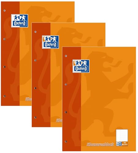 Oxford Schule Klausuren-Block A4 liniert mit Rand 50 Blatt orange (3er Pack)