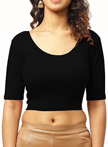 Image of THE BLAZZE 1303 Women's Cotton Scoop Neck Backless Elbow Sleeve Crop Top Readymade Saree Blouse for Women