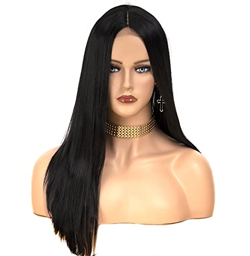 Rugelyss Black Long Straight Lace Front Wigs with Little Area Lace in Middle Part Synthetic Soft Hair Wigs for Women for Daily Life
