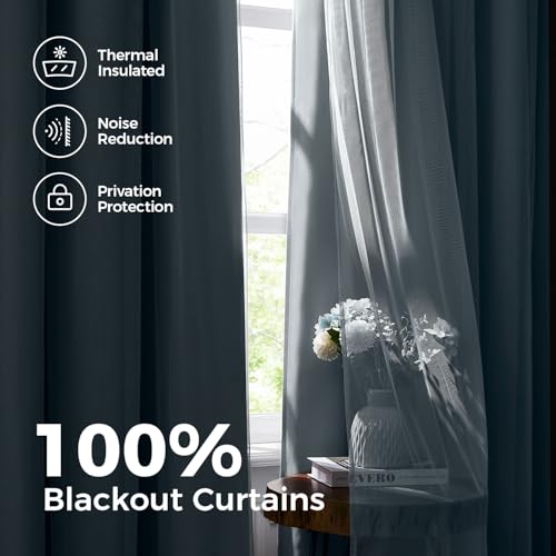 Image of 100% Blackout Curtains for Bedroom, Double Layer Blue Curtains, Black Out Curtain 108 inch Long with Sheer Overlay for Living Room, Room Darkening Window Drapes with Grommet, 52 inch W x 108 inch L