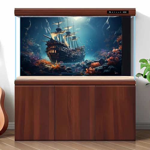 Image of Sunken Ship Aquarium Background Undersea Pirate Shipwreck Fish Tank Background Tropical Coral Reefs Ocean Seabed seascape Reptile Tank Backgrounds Tropical Marine Life Terrarium Backgrounds 36x24in