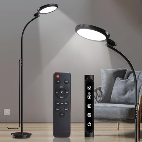 3-in-1 Tageslichtlampe Lichttherapie, Runder Boden Tageslicht Lampe Stehlampe, Lichttherapielampe mit Fernbedienung & Touch Control & Verstellbaren Schwanenhals für Lesen/Büro/Haus (Schwarz)