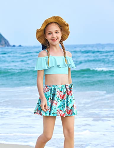 Arshiner Girls 3 Pieces Swimsuit Floral Bikini Bathing Suit Swimwear Ruffle Sleeve Swim Set Light Blue Pattern For Little Kid Size 7 Years To 8 Years #TOP1
