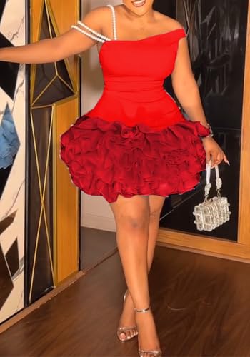 Image of Women's Mini Tutu Dress Sexy Bodycon Sleeveless Off Shoulder Solid Ruffles Lace Layered Hem Party Cocktail Dresses