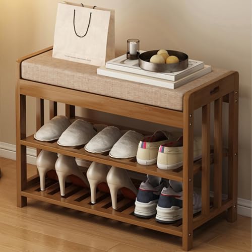 Scarpiera a 2 ripiani in bambù con seduta imbottita, stabile, scarpiera per soggiorno e corridoio, elegante (60 cm)