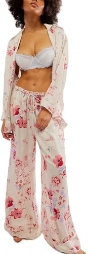 Image of LILTWIST Silk Satin Pajamas Set for Women 2 Piece Floral Pjs Wide Leg Lounge Pants Set Long Sleeve Button down Pj Shirts Set