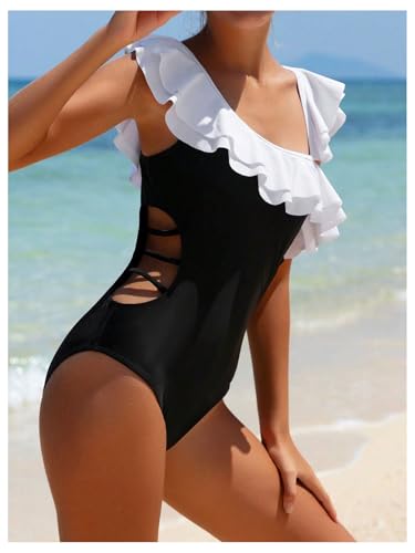 OYOANGLE Girl's Color Block One Piece Swimsuit Cute Cut Out Ruffle Trim Beach Bathing Suits Swimwear2