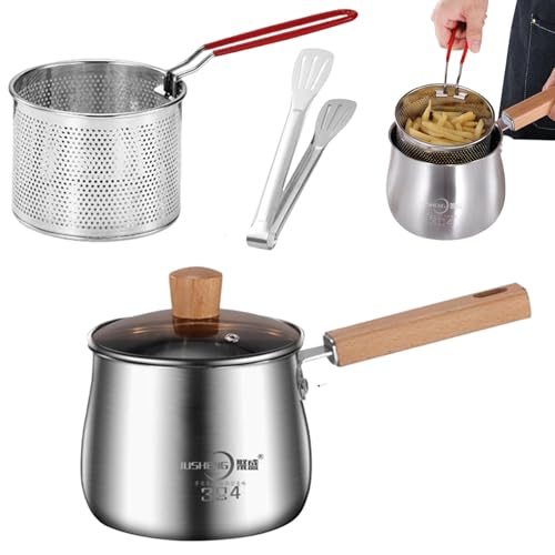 Pot de freidora 2.5L Mini freidora de acero inoxidable con canasta, tapa, pinza y mango anti-escaladrones japoneses para hogar, papas fritas, papas fritas, pescado y pollo canasta