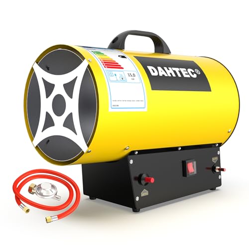 DAHTEC Riscaldatore Mobile a Gas 15 kW - Cannone Termico - Termoventilatore a Gas - Riscaldamento Radiante - Accensione Piezoelettrica - per Cantieri, Officina, Serra