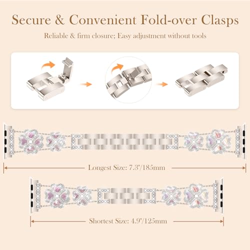 HAYONLIY Bling Diamond Metal Band Compatible with Apple Watch 40mm 41mm 38mm 42mm Cute Lucky Heart-Shaped Clover Dressy Bracelet Women,Sparkling Strap for iwatch Series 10/9/8/7/6/5/4/3/2/1SE/Ultra by HAYONLIY - Image 3