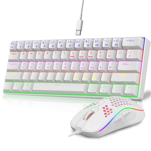 UCHUANG 60% Gaming Keyboard and Mouse Combo, Ultra-Compact 61-Key RGB Backlit Mini Keyboard, Lightweight 7200 DPI Honeycomb Optical Mouse, Wired Gaming Set for PC PS5 Xbox Gamer(White,Blue Switches)