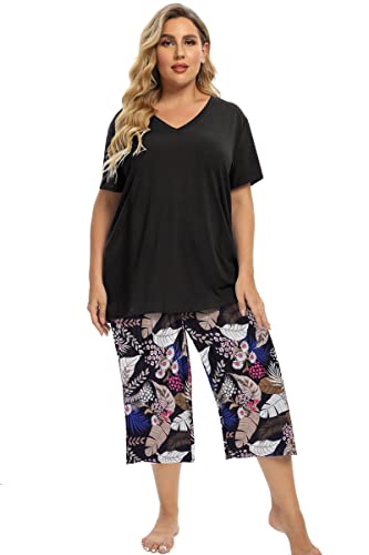 Image of Vozanet Women's V Neck Sexy Pajamas Capri Sets Mexican Style Floral Sleepwear 2PCS Totem Casual Nighty Plus Size M to 5XL