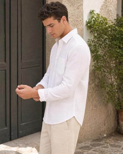 Image of Nobero Breezy Premium Linen Cotton Shirt for Men | Stylish Casual Shirts for Men | Semi Cut Collar | Box Pleat | Curved Hem | Regular Fit | Full Sleeve | S-XXXL