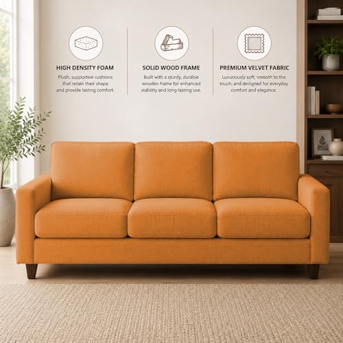 Image of Casaliving Gladino Modern Velvet Fabric Sofa, Tufted Design Upholstered 3 Seater Sofa Set for Living Room, Premium Velvet Fabric Sofa (Orange)