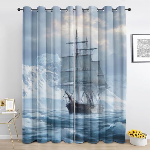 Générique Rideaux Occultant Bateau à Voile Océan - Lot de 2 Rideaux Nautique Vintage - Rideau a Oeillets Thermique Isolant pour Salon Chambre - 200 x 240...