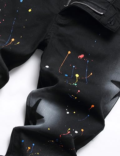 Men Star Painted Black Stretch Denim Slim Straight Jeans4