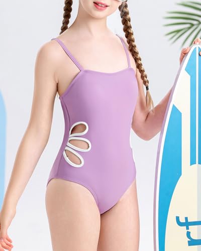 Century Star Girls Swimsuit Bathing Suit Teen One Piece Swimsuits Adjustable Straps Cut Out Quick Dry Swimwear Purple 12-13 Years4