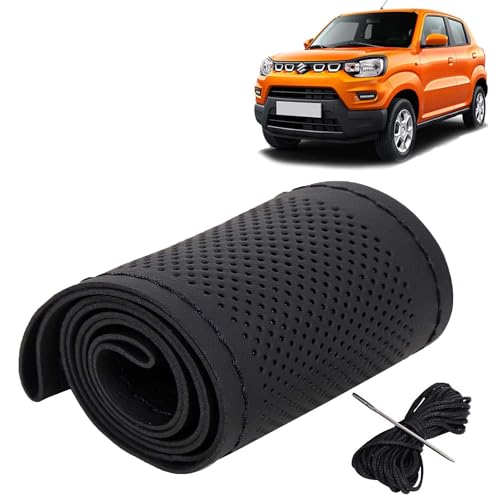 Image of KINGSWAY PU Leatherite Car Steering Cover Sewable Compatible with Maruti Suzuki S Presso (Year 2019 Onwards), Black Color with Black Thread, Pack of 1 with Sewing Needle and Thread