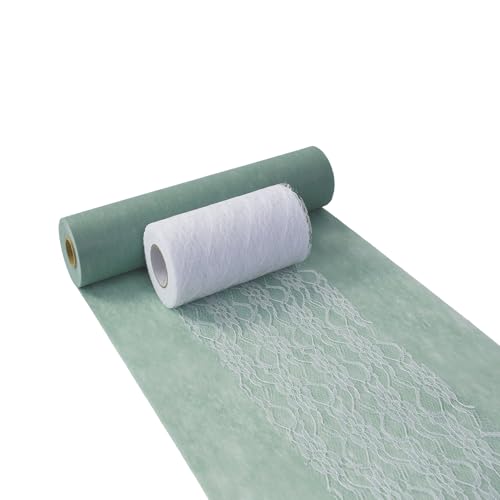 Tischdeko-Set - Vlies Tischläufer Grün - Modern, Outdoor, Tischdeko, Partydeko für Geburtstag - Eukalyptus Grün & Weiß (Tischläufer 30 cm × 25 m, Spitzenband 15 cm × 20 m)