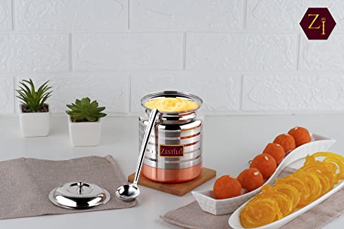 Image of Stainless Steel Oil /Ghee Jar Ghee Container Oil Pot Ghee Container With Spoon Copper Bottom Finish (750 Ml), Blue-Violet