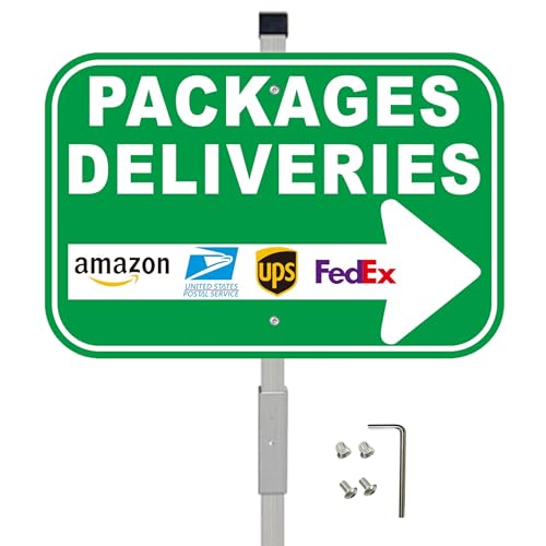 Package Delivery Signs 12x8 Aluminum Sign with Arrow Right with 28 Strong Aluminum alloy Stakes Easy Installation Delivery Instruction for Packages Deliver