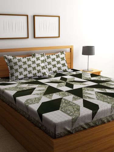Image of Home Sizzler 210TC Glace Cotton Ethnic Floral Pine Green Double Bedsheet with 2 King Size Pillow Cover