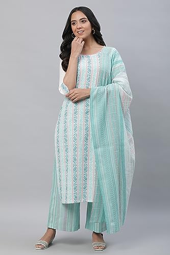Image of Aurelia Women's Spermint Pure Cotton Straight Kurta, Palazzos, Dupatta Suit Set