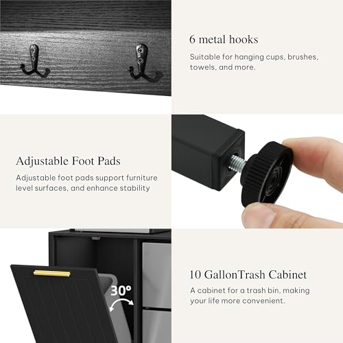 DWVO Mini Fridge Stand with Trash Can Storage Kitchen Bakers Rack with Power Outlets Freestadning Coffee Bar Cabinet 3-Tiers Coffee Stand Station for Kitchen Dining Room Living Room Office Black