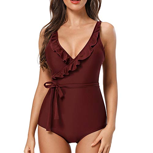 Dixperfect Modest Tummy Control One Piece Bathing Suit Swimwear For Women Wine Red #TOP4