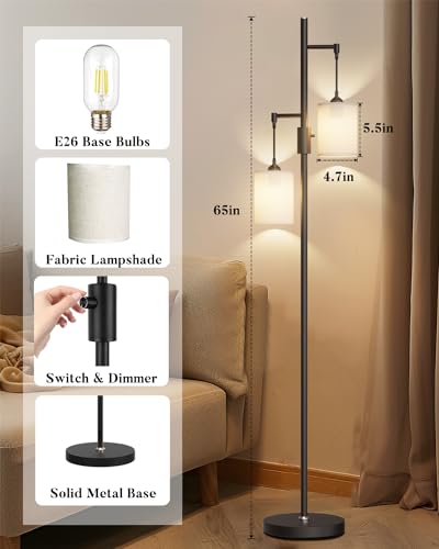 Image of Lightdot 65IN Black Floor Lamp for Living Room, Industrial 2-Light Tree Floor Lamps with Linen Shade, Modern Standing Tall Lamp with 5Lbs Heavy Base for Bedroom /Sofa Beside /Corner Decor(Bulb Included)