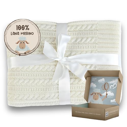 Mirari - Coperta di lana lavorata a maglia per neonati, in 100% lana merino, 75 x 100 cm, coperta calda, colore écru